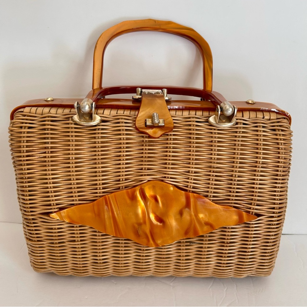 60s Vintage Tropical of Miami Wicker and Lucite Purse Handbag - Picture 2 of 16